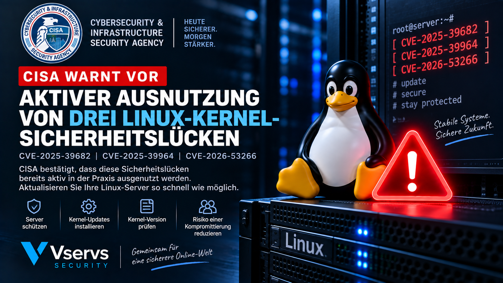 CISA warnt vor aktiver Ausnutzung von drei Linux-Kernel-Sicherheitslücken CVE-2025-39682, CVE-2025-39964 und CVE-2026-53266
