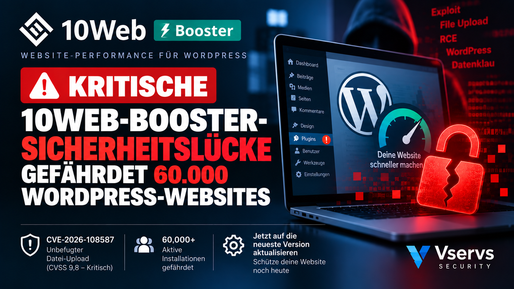 Kritische 10Web Booster Sicherheitslücke CVE-2026-108587 mit CVSS 9.8 und Risiko durch unautorisierte Datei-Uploads auf WordPress-Websites