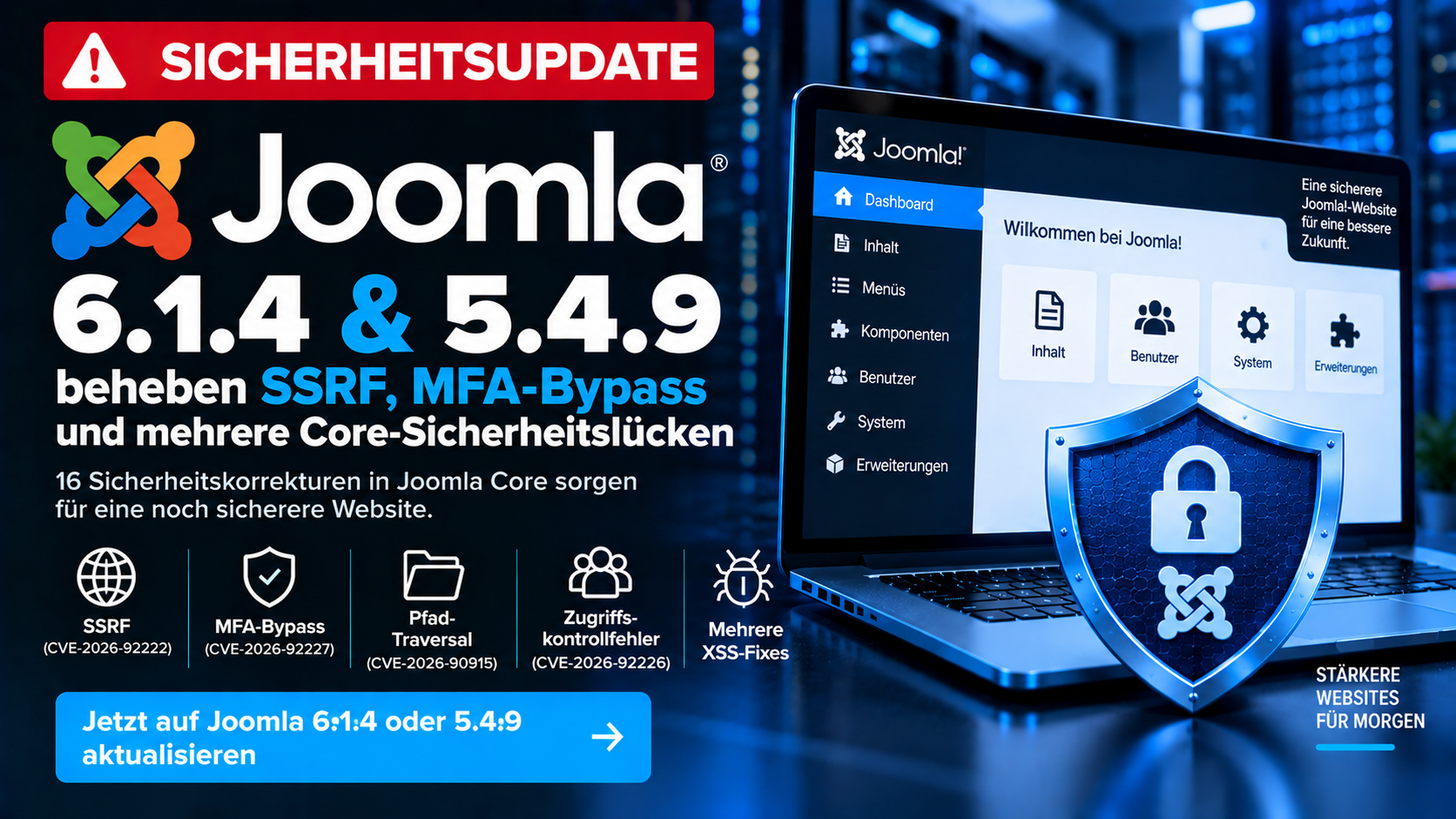 Joomla Sicherheitsupdate 6.1.4 und 5.4.9 behebt SSRF MFA-Bypass Path Traversal und weitere Core-Sicherheitslücken
